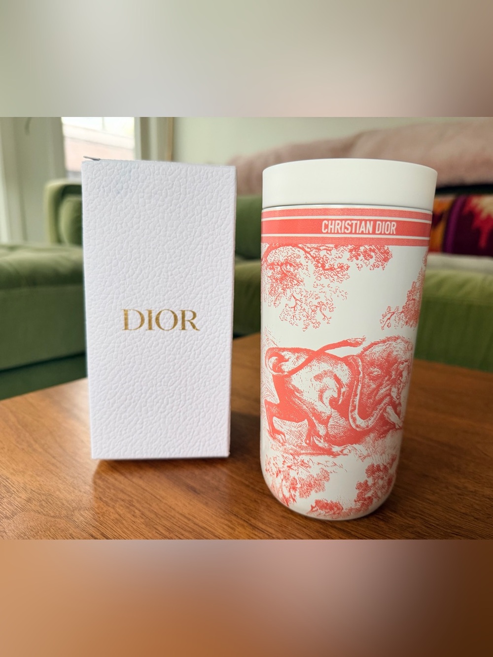 ***RARE***Christian Dior Salmon/Coral Toile de Jouy Travel Tumbler NEW in Box